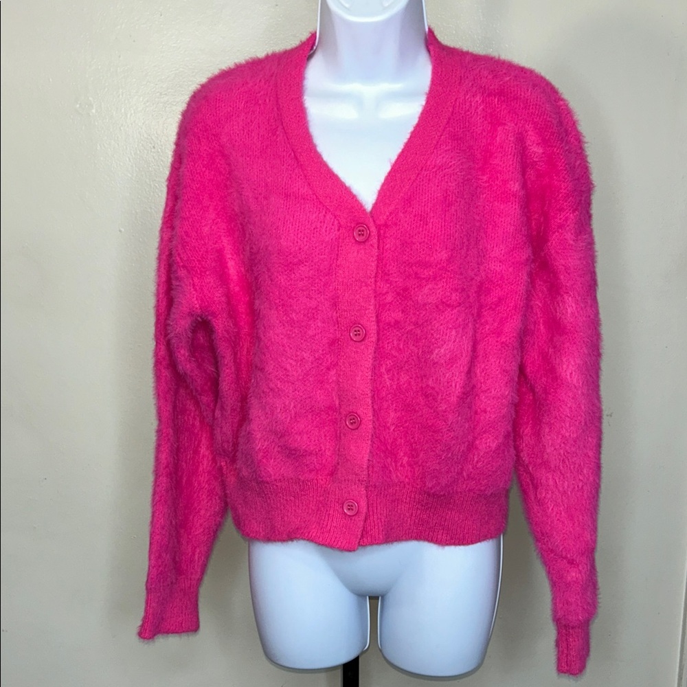Women's Hot Pink Fuzzy Button-Up Cardigan Sweater
